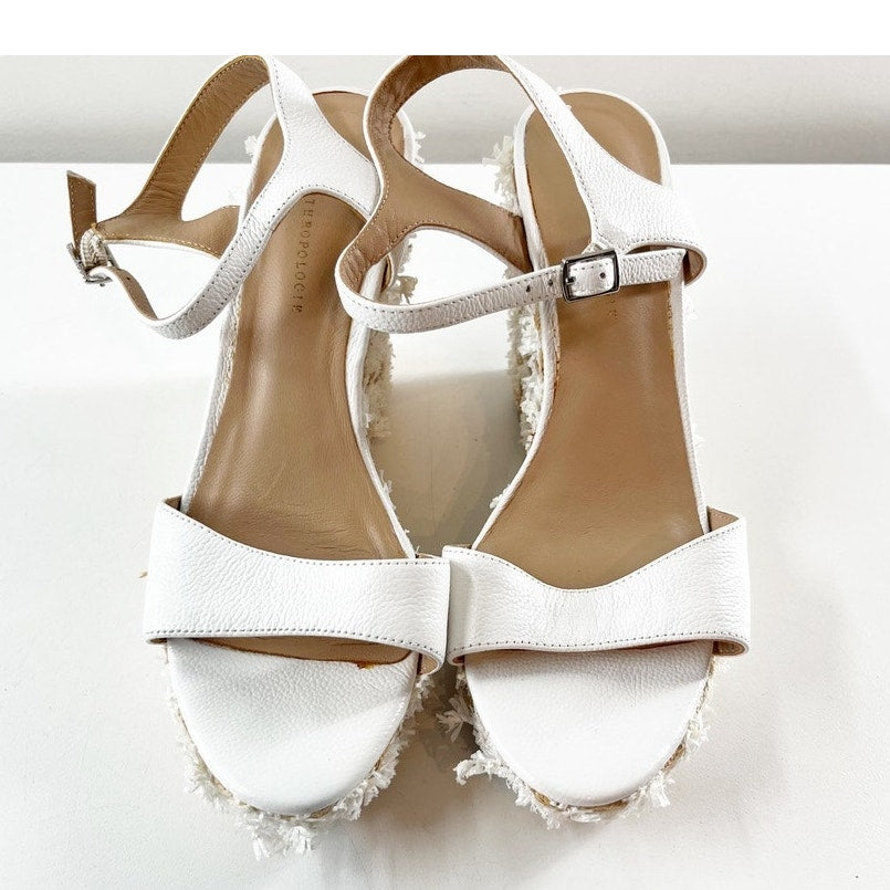 Anthropologie Cork Wedge Open Toe Sandals Shoes White 8