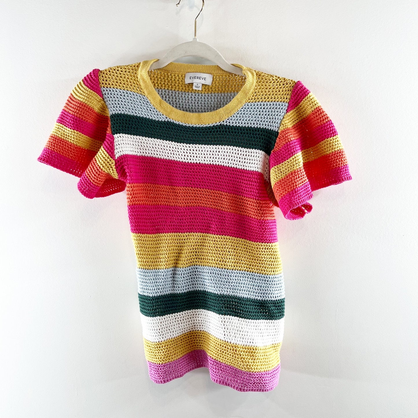 Evereve Haven Flutter Short Sleeve Crochet Knit Sweater Top Rainbow Pink Small
