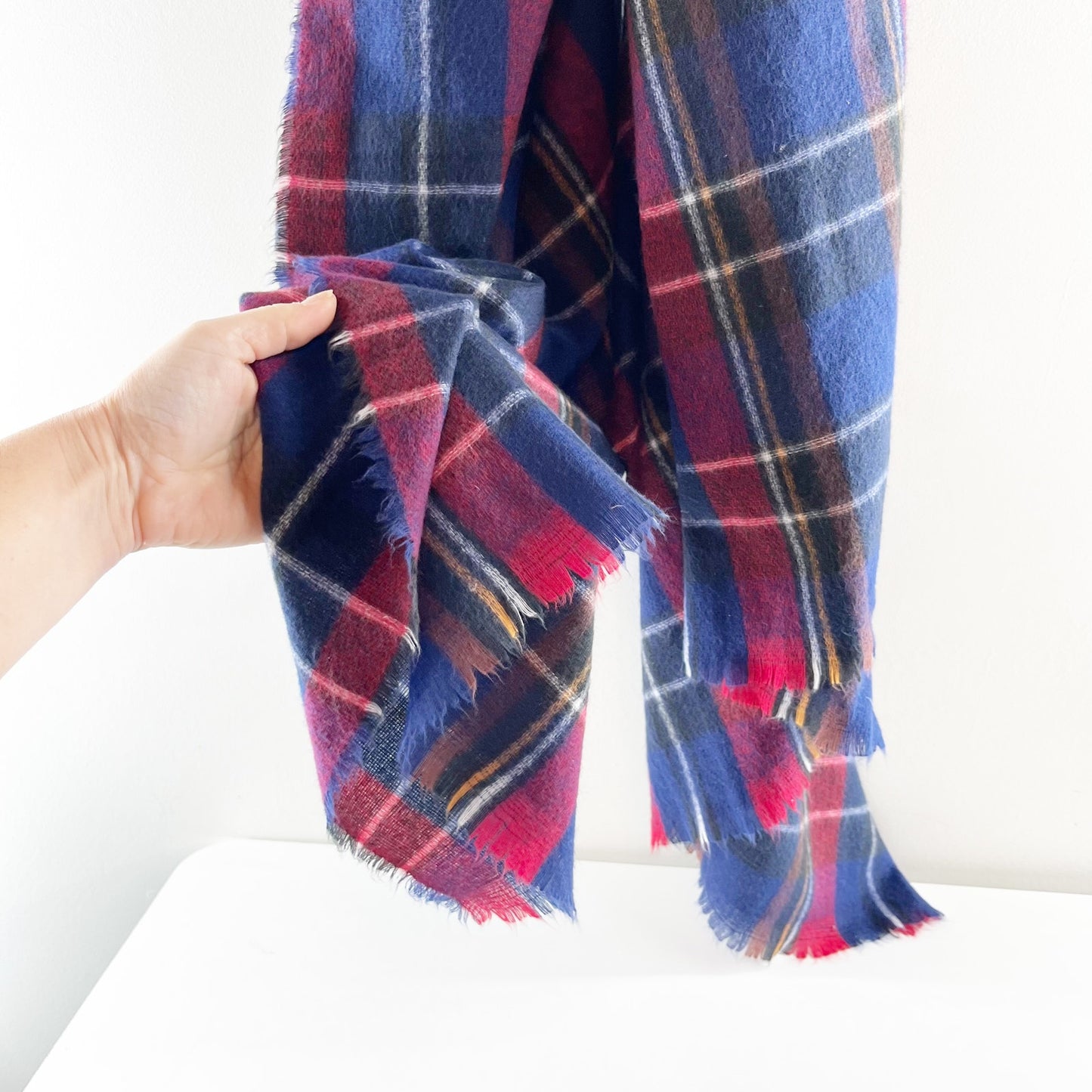 Plaid Tartan Fringe Blanket Wrap Scarf Blue Red