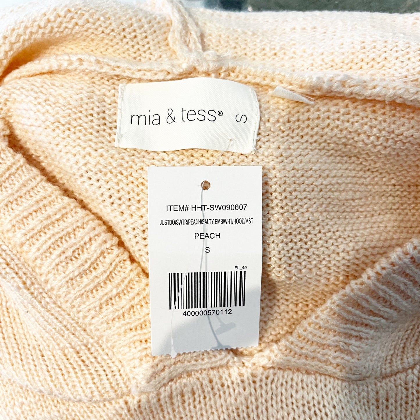 Mia & Tess Salty Embroidered Long Sleeve Knit Sweater Hoodie Peach Orange Small