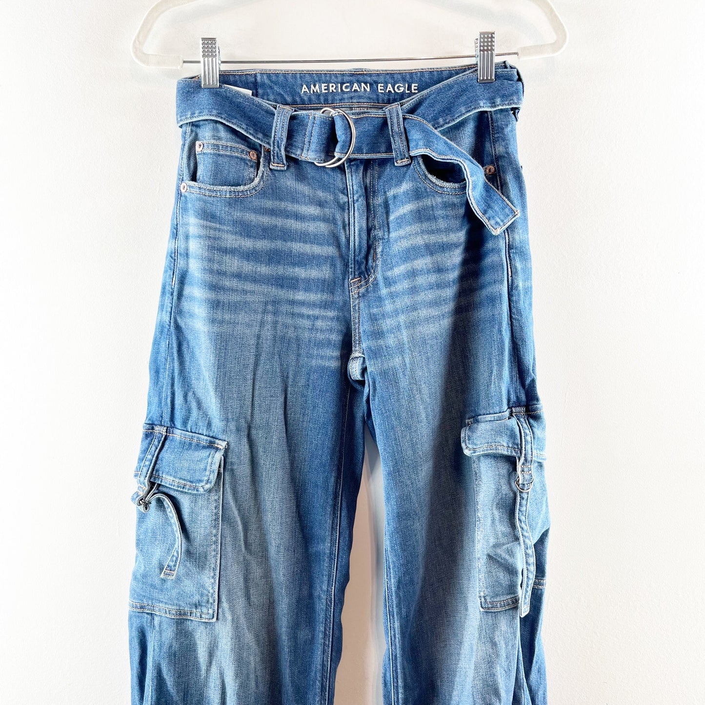 American Eagle Outfitters Super High Rise Baggy Wide Leg Cargo Jeans Blue 0
