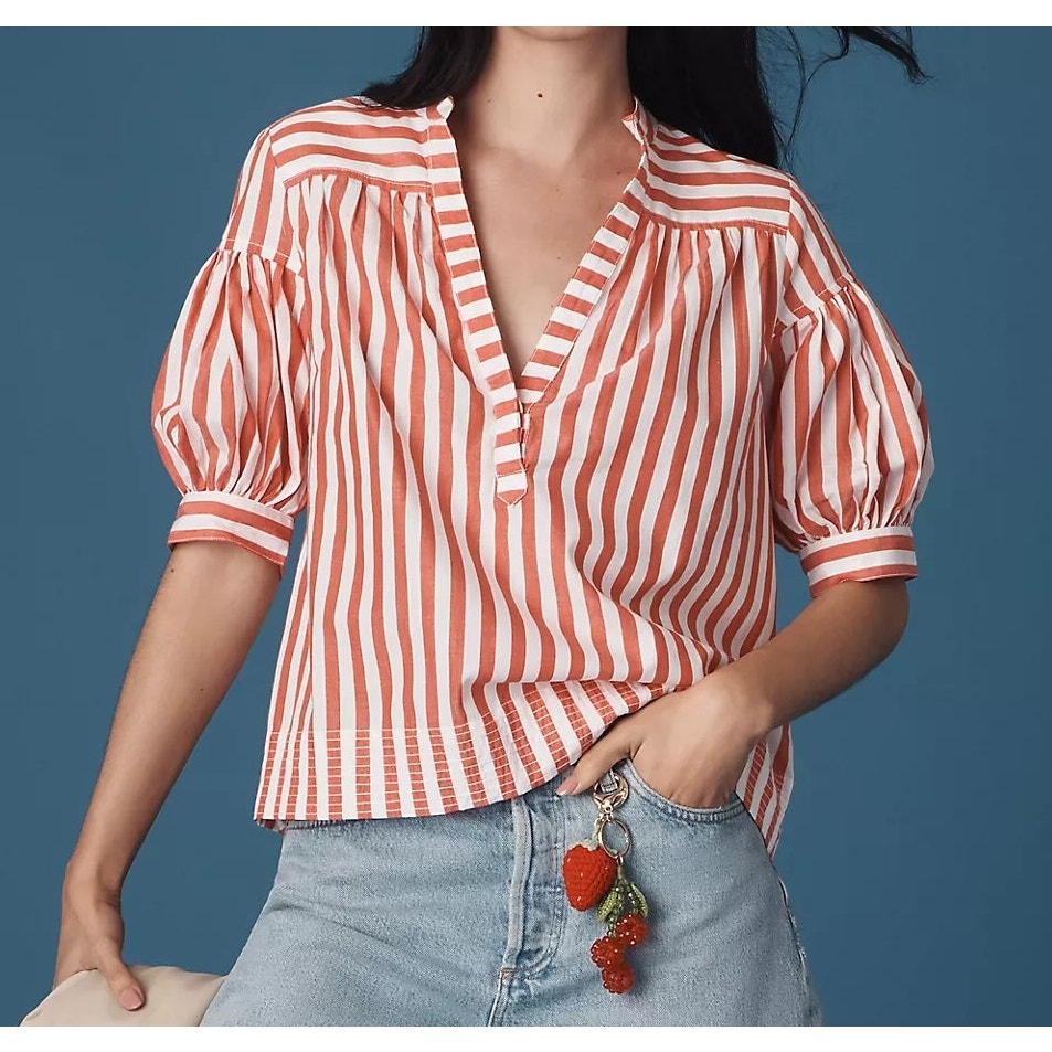 Anthropologie The Darcey Popover Poplin Cotton Swing Top Blouse Red XS