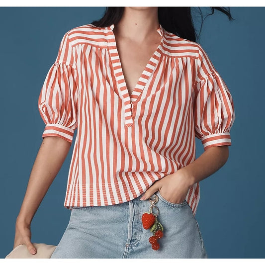 Anthropologie The Darcey Popover Poplin Cotton Swing Top Blouse Red XS