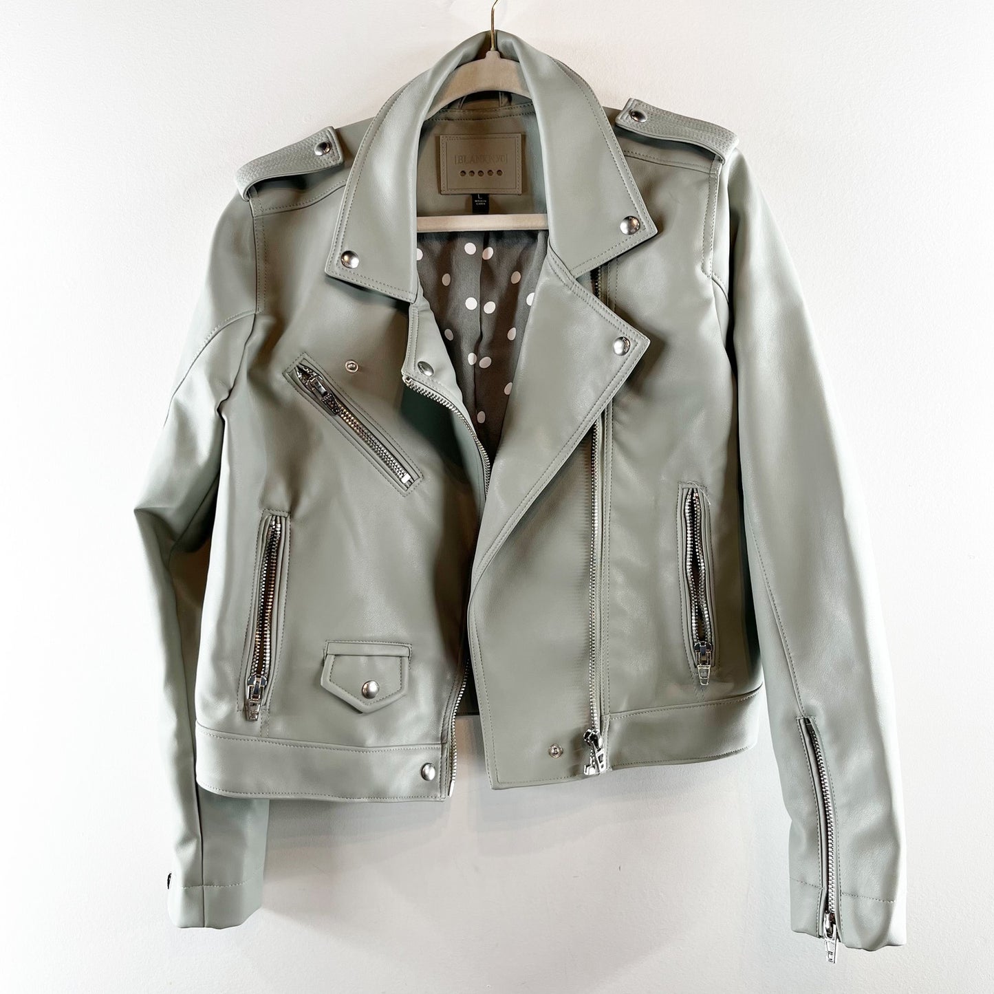Blank NYC Play Act Vegan Leather Full Zip Moto Jacket Sage Green Large