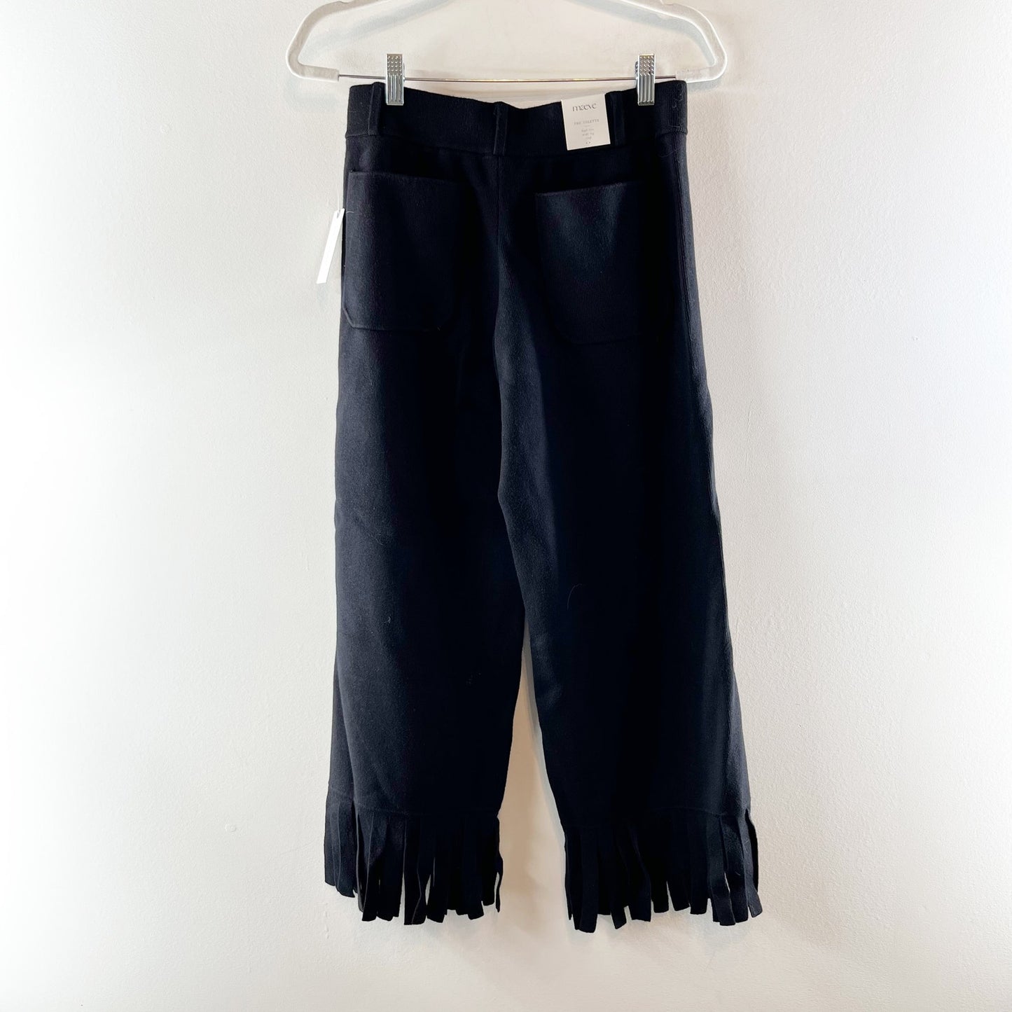 Maeve Anthropologie Colette Knit Fringe High-Rise Wide-Leg Cropped Pants Black