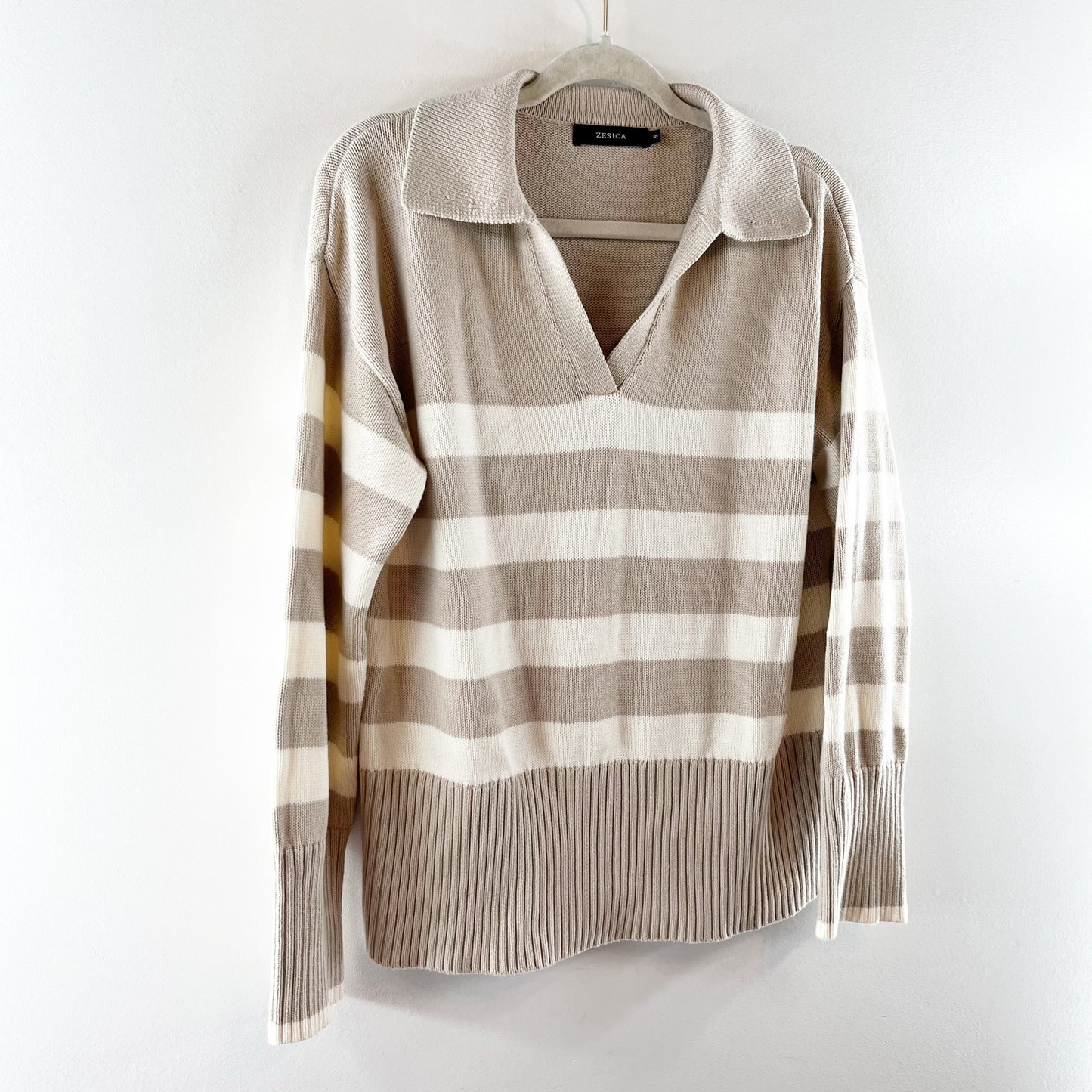 Zesica Long Sleeve V Neck Striped Polo Pullover Sweater Tan White Small