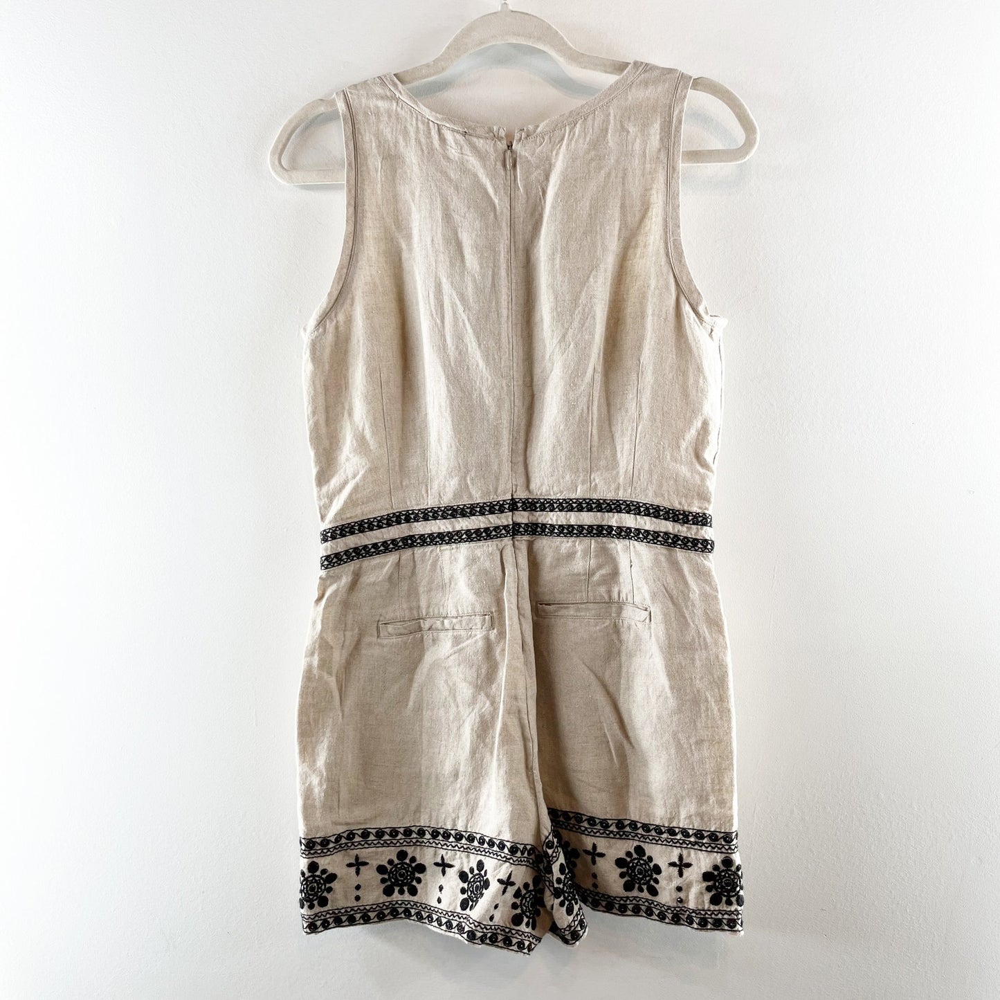LOFT Linen Sleeveless Embroidered Romper Tan Beige Black 2 Petite