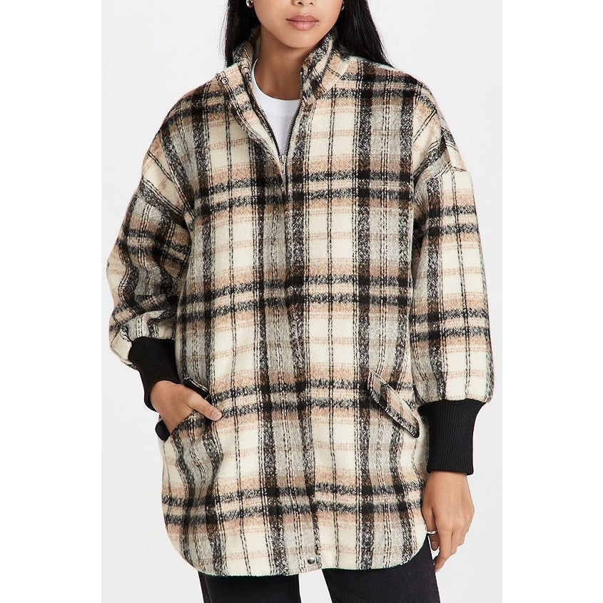 BB Dakota by Steve Madden Plaid Full Zip Times Coat Cream Black Small