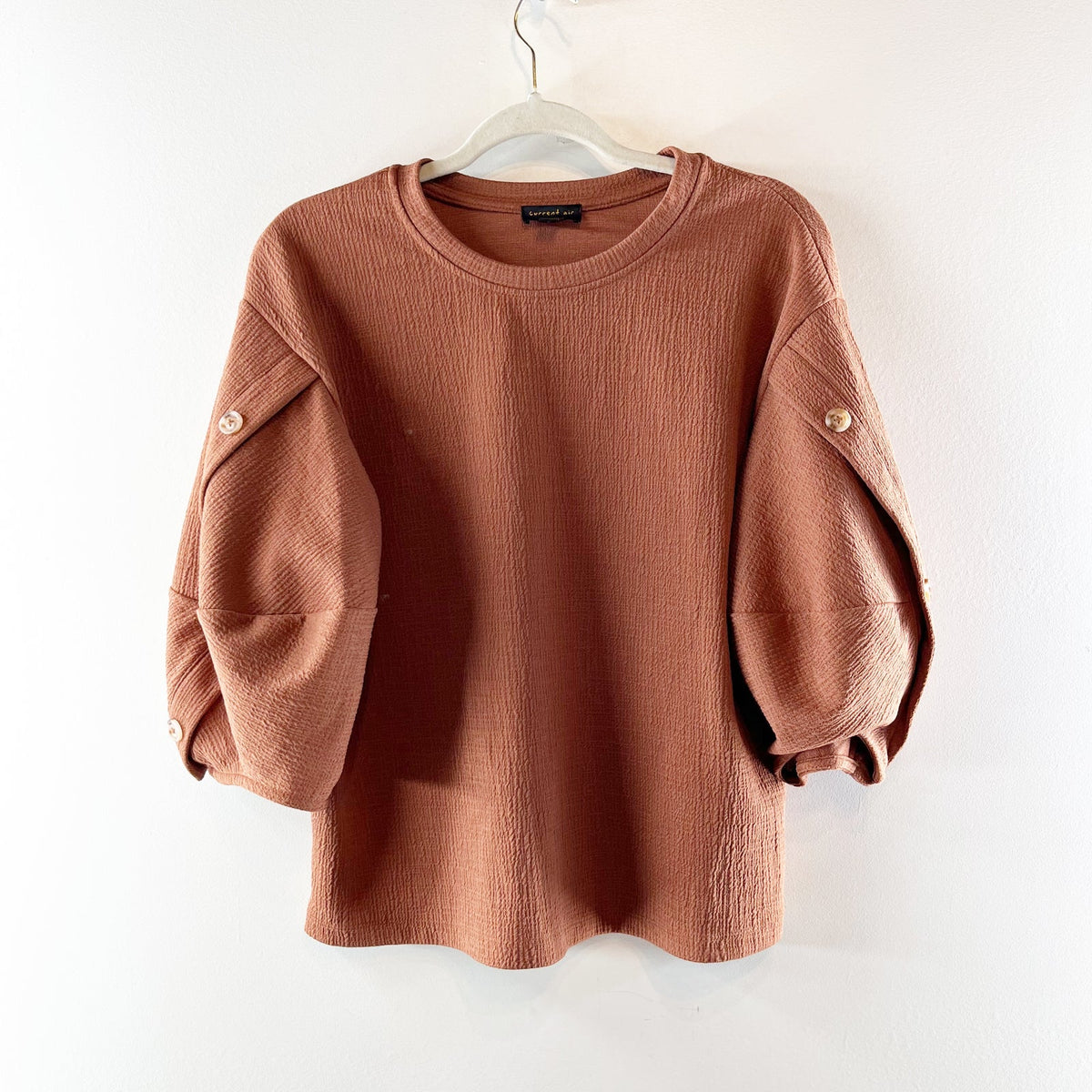 Current Air by Anthropologie Puff Sleeve Round Neck Blouse Rustic Brown Medium