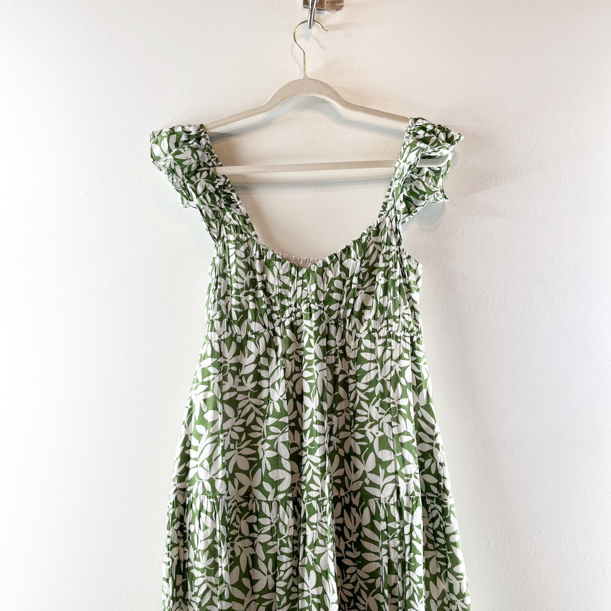 Abercrombie & Fitch Ruffle Strap Floral Print Poplin Midi Dress Green Medium