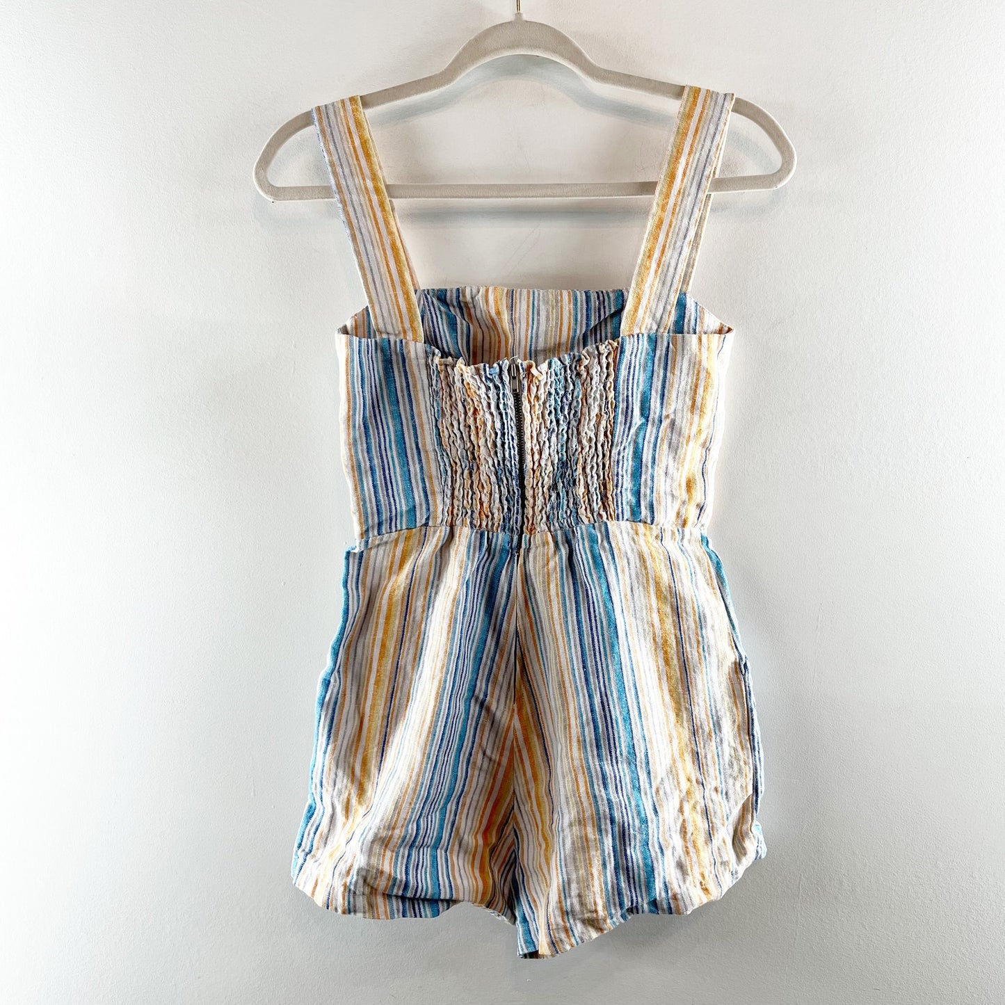Reformation Island Linen Striped Shorts Romper in Marbella Orange Blue 2