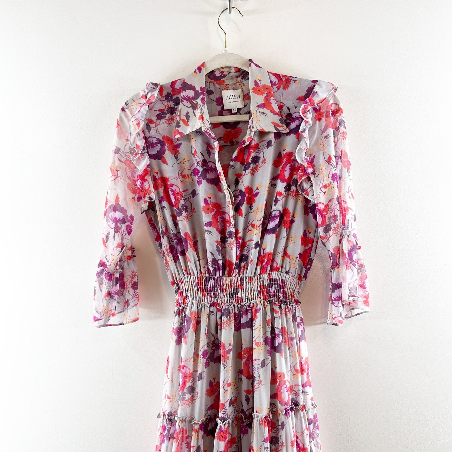 MISA Los Angeles Pamelina 3/4 Sleeve Ruffled Maxi Shirt Dress Lilac Floral XS
