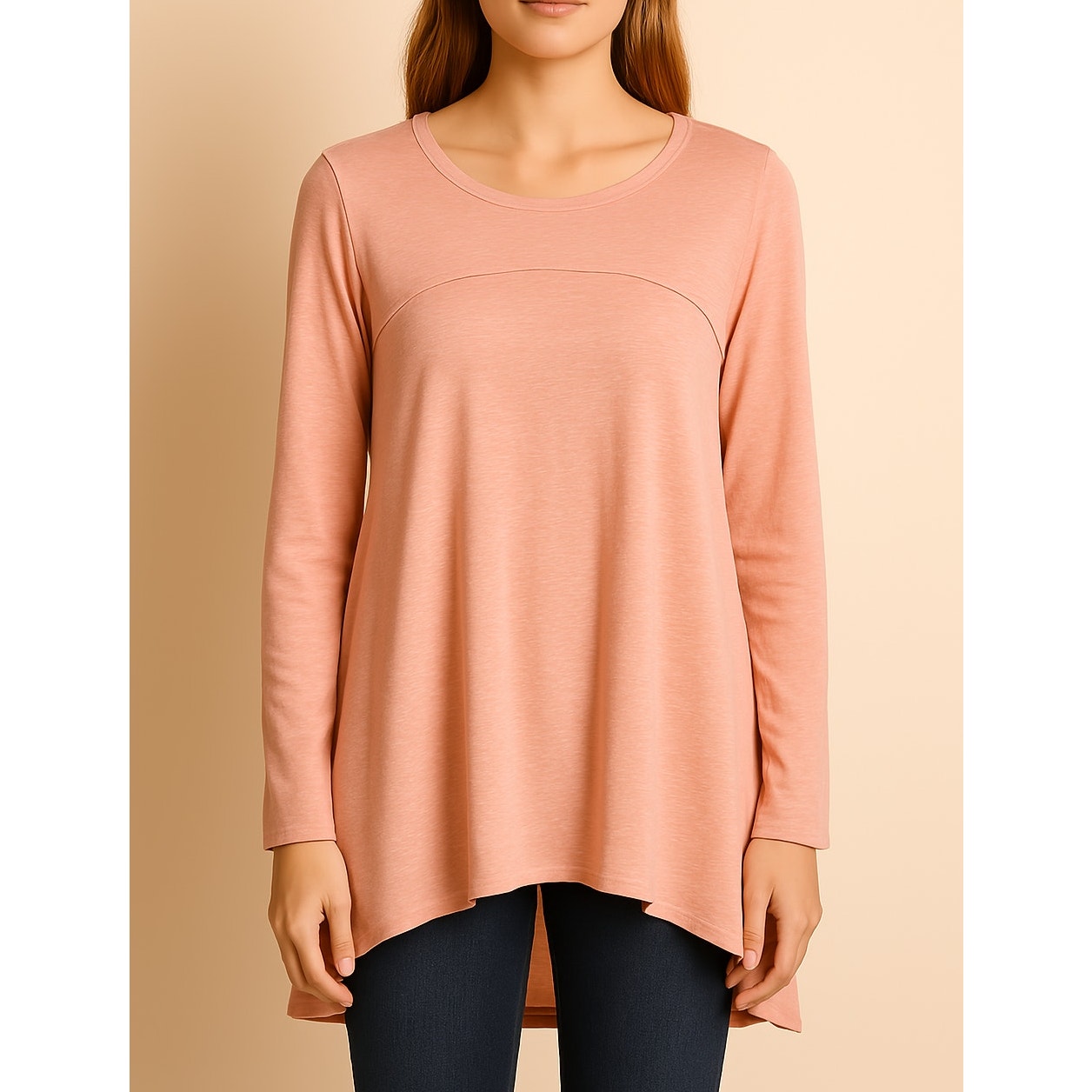 Fantastic Fawn Long Sleeve Crew Neck Back Vent Hi-Low T-Shirt Peach Small