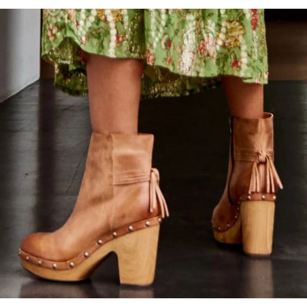 Kork-Ease Dianna Leather Block Heel Ankle Clog Booties Boots Light Brown 8