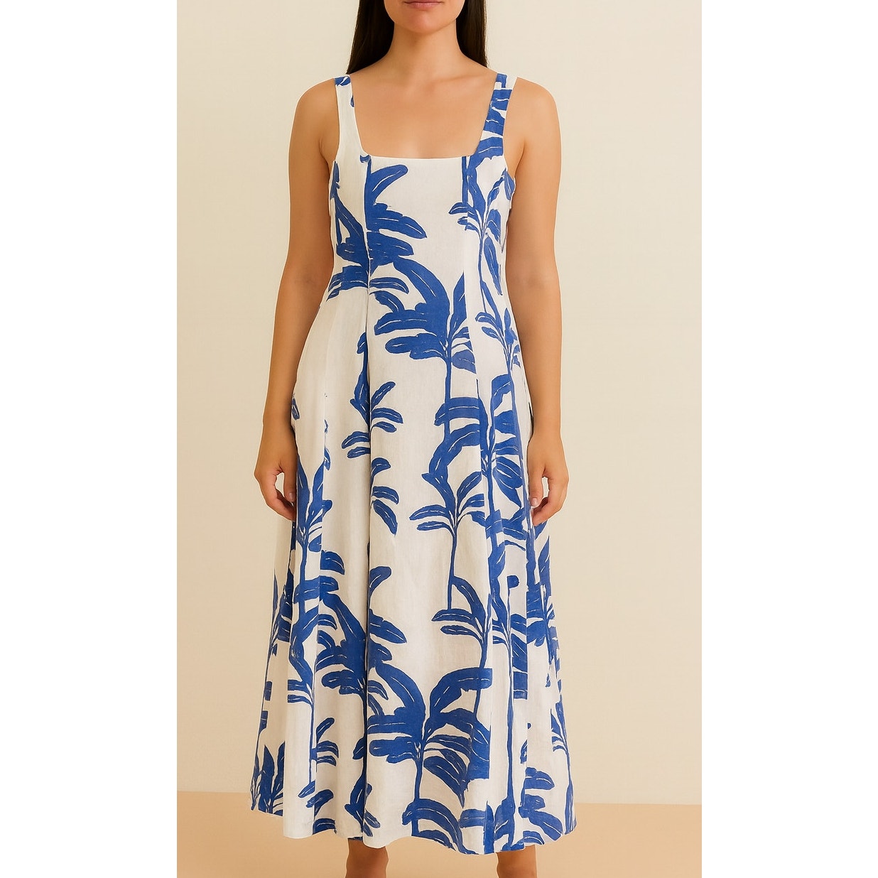 Tahari Linen Blend Floral Tropical Square Neck Sleeveless Midi Dress White 4