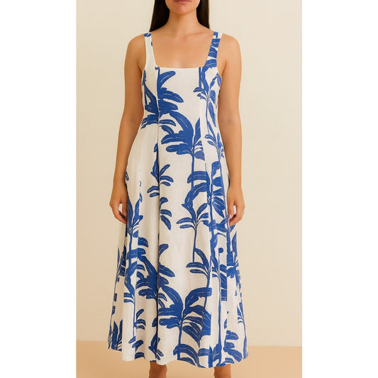 Tahari Linen Blend Floral Tropical Square Neck Sleeveless Midi Dress White 4