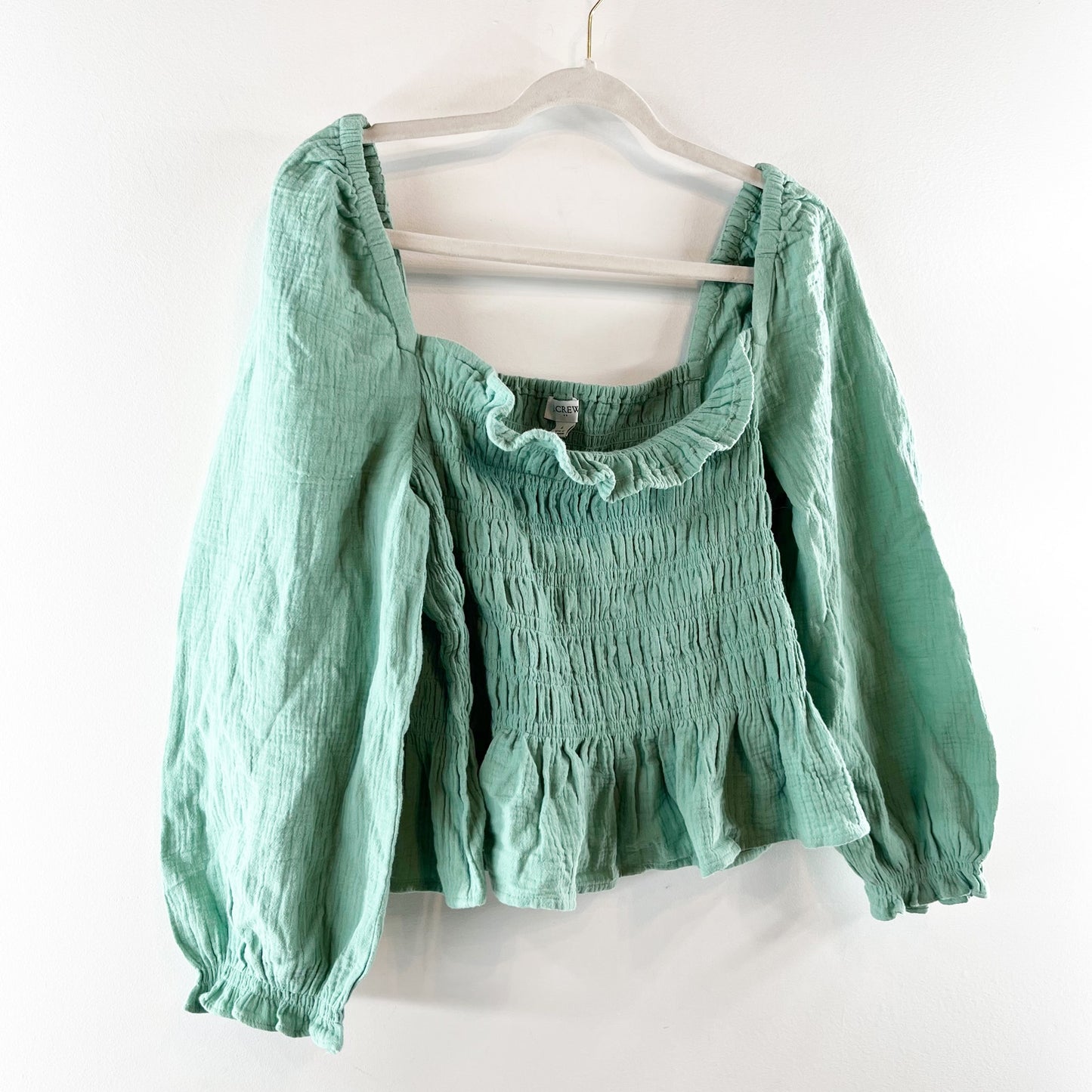 J. Crew Long Sleeve Gauze Cotton Smocked Square Neck Top Green Large