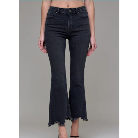 Hidden Los Angeles Happi Mid-Rise Frayed Hem Cropped Flare Jeans Black 31