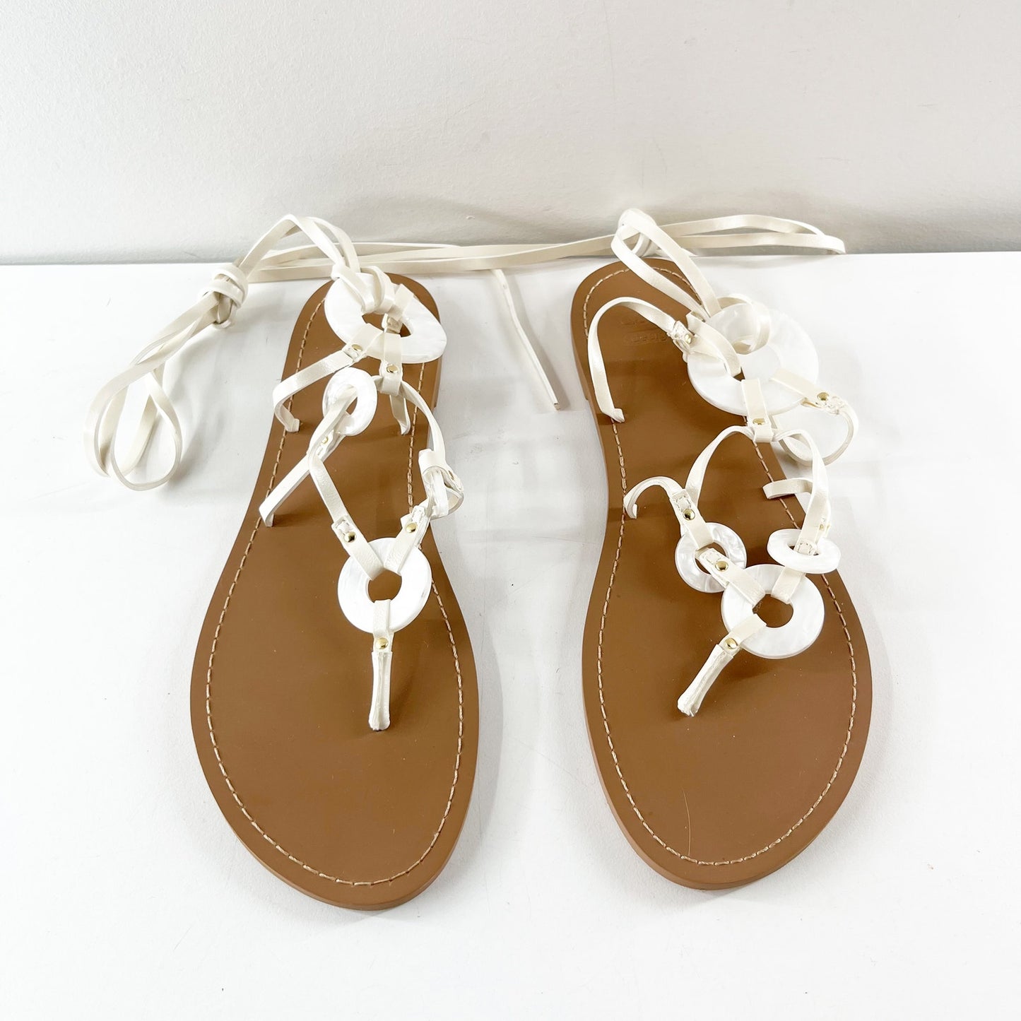 ASOS Fiona Slip On Tie Strap Flat Thong Sandals White US 7
