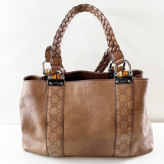 Gucci GG Vintage Signature Leather Bamboo Bar Woven Handles Tote Bag Purse Brown