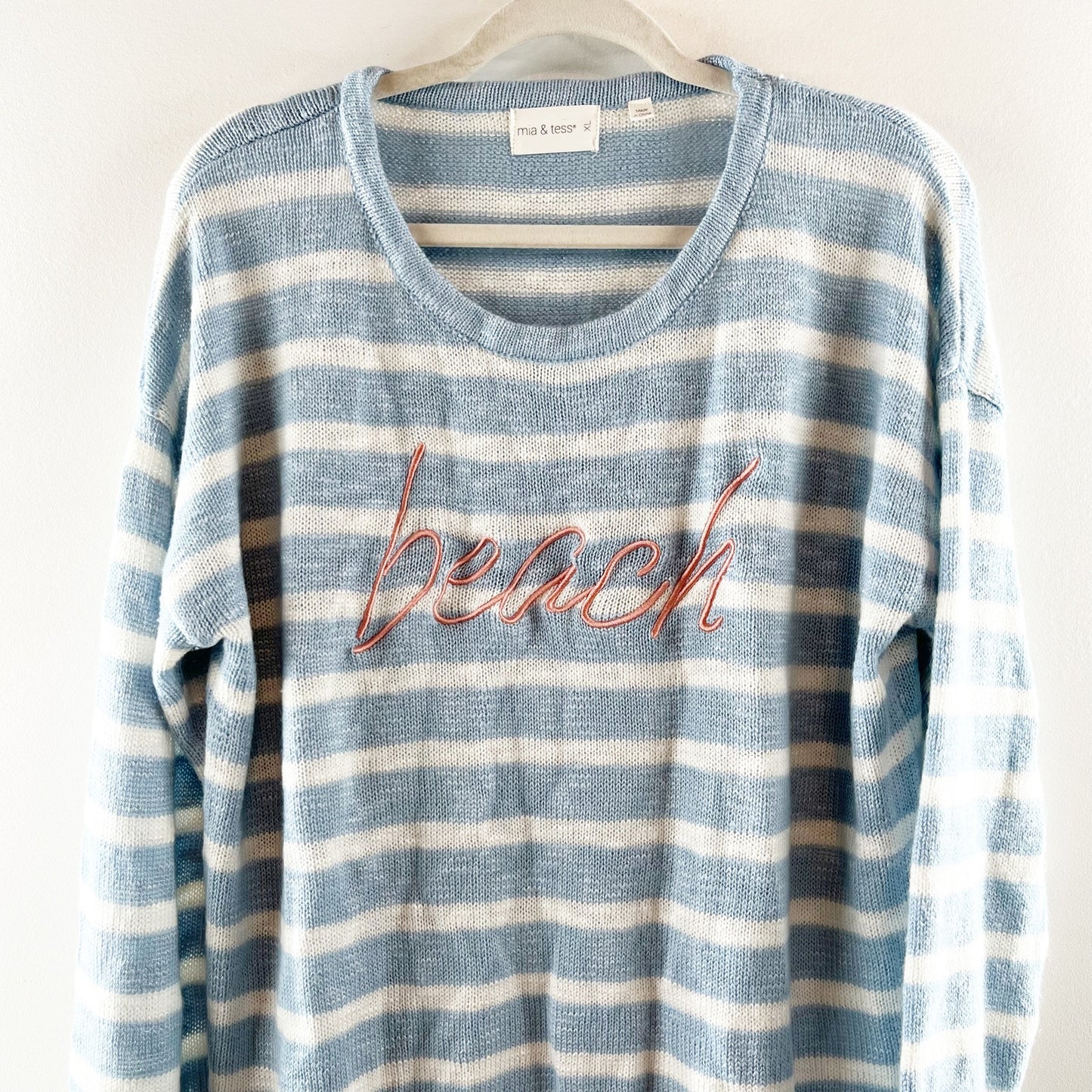 Mia & Tess Striped Crewneck Long Sleeve Embroidered Beach Sweater Blue XL