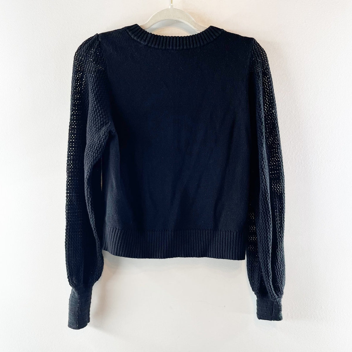 Lilla P Crewneck Crochet Long Sleeve Cotton Blend Sweater Black Medium