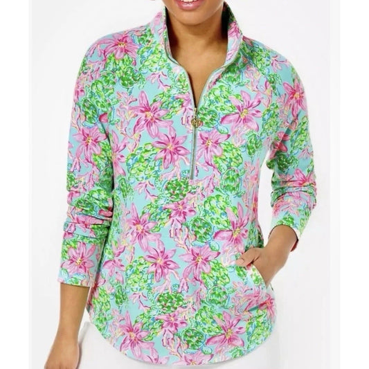 Lilly Pulitzer UPF 50+ Skipper Popover Floral Pullover Sweatshirt Surf Blue XL