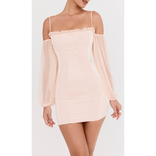 Mistress Rocks Satin Mesh Trim Off-the-Shoulder Bodycon Mini Dress Peach XS