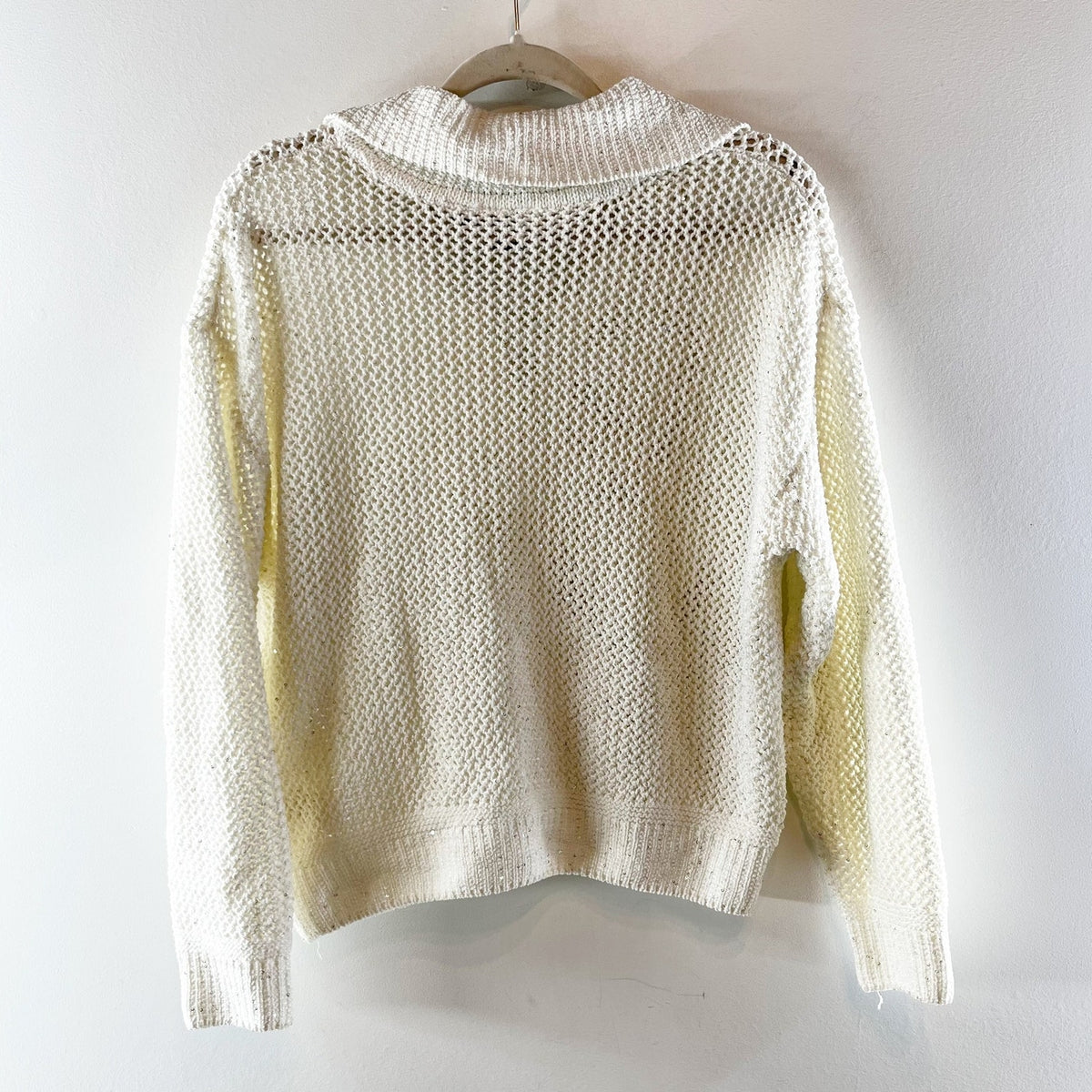 Joie Long Sleeve Lace Up Collared Crochet Polo Sweater Cream White Small