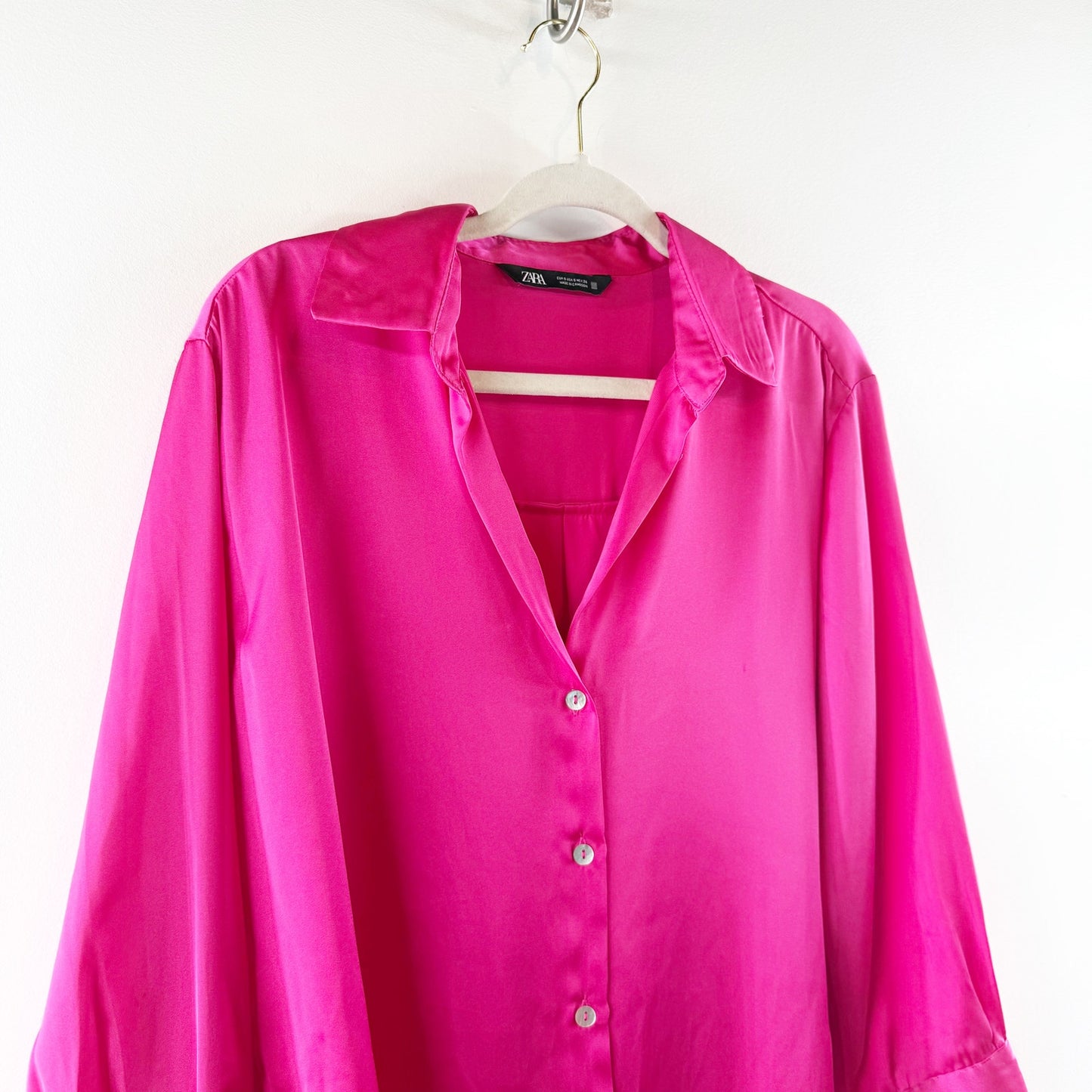 ZARA Satin Effect Long Sleeve Oversized Button Up Shirt Top Pink Small