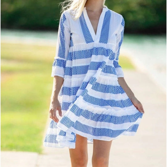 Bindu Elbow Length Sleeve Striped Ruffle Hem Mini Dress White Blue Small