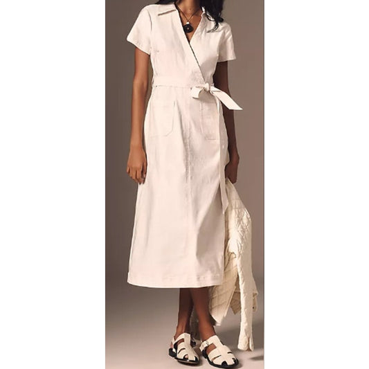 Maeve by Anthropologie The Colette Short Sleeve Wrap Midi Dress White Medium