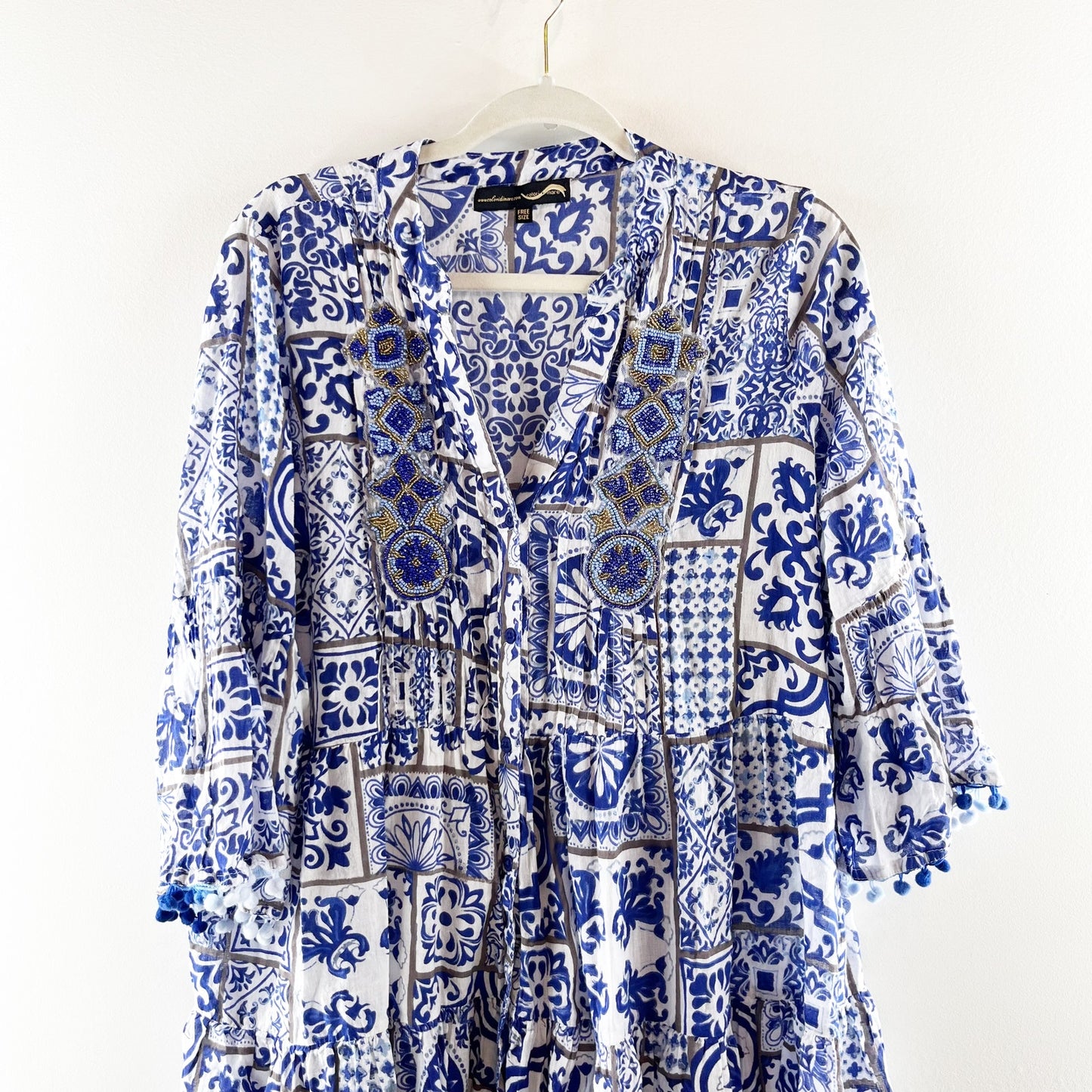 Colori Di Mare Printed Button Up Beaded Mini Cover Up Dress Blue White OS