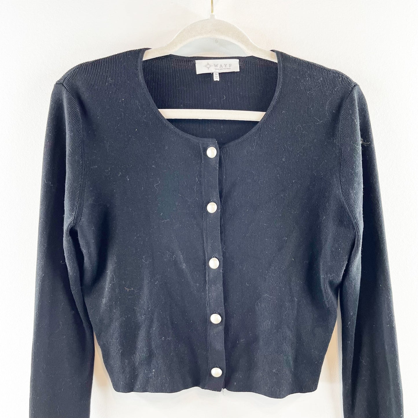 Wayf Long Sleeve Button Front Cropped Cardigan with Faux Fur Cuffs Black Medium