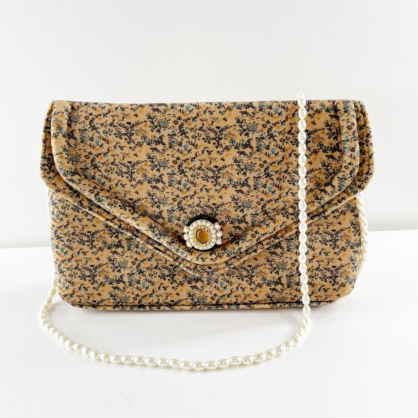 Anthropologie Francesca Floral Velvet Clutch Pearl Chain Strap Crossbody Purse