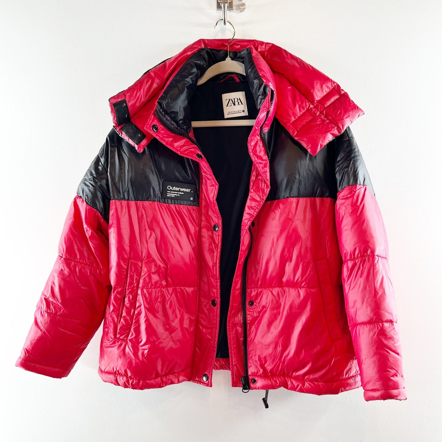 ZARA Thermal Insulated Puffer Coat Jacket Red Black XS