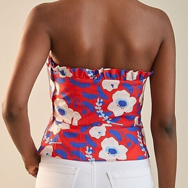 Hutch by Anthropologie Floral Printed Strapless Ruffle Top Red/White/Blue 10