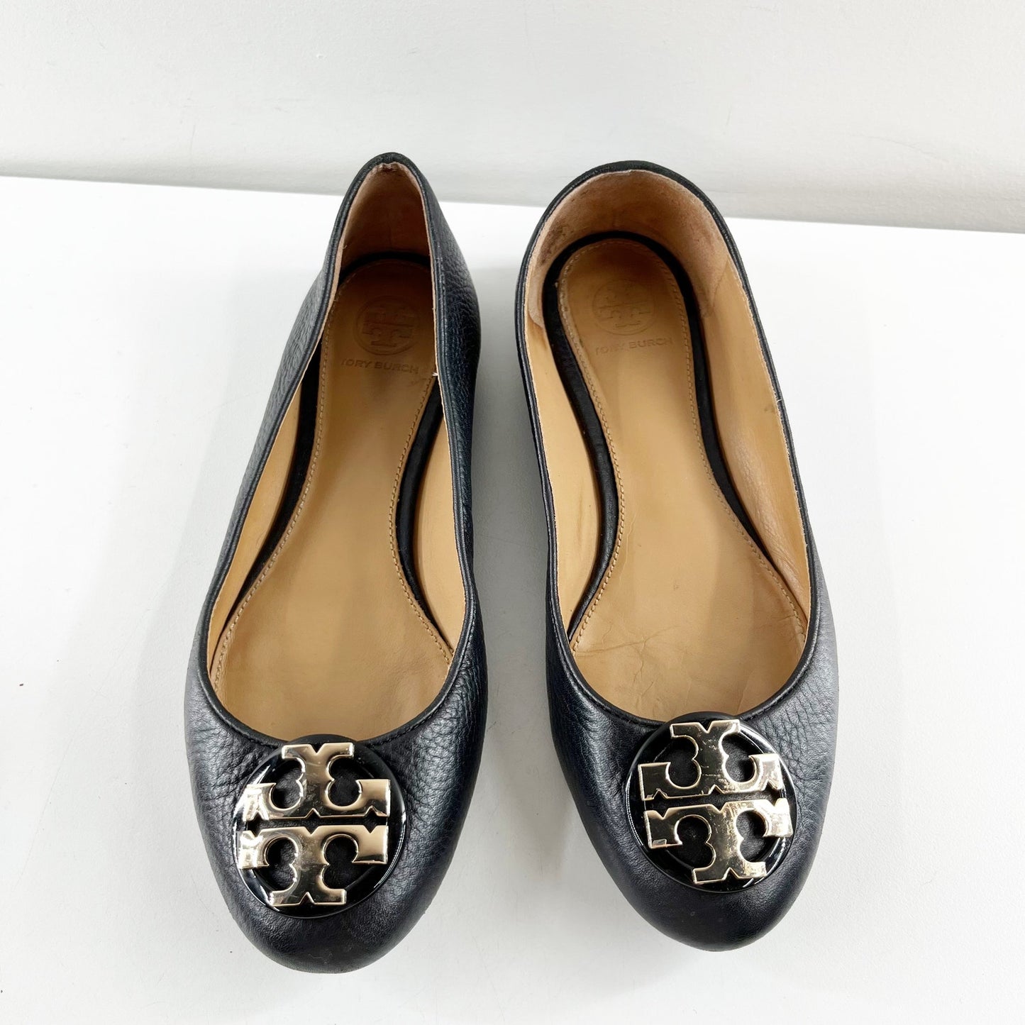 Tory Burch Claire Leather Gold Logo Ballet Flats Black 6.5