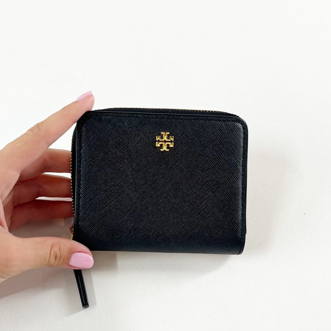 Tory Burch Emerson Saffiano Leather Mini Folded Wallet Black Gold