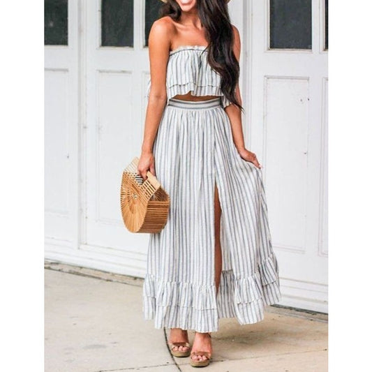 Listicle Striped Tube Strapless Crop Top Maxi Skirt w High Slit Blue White Large