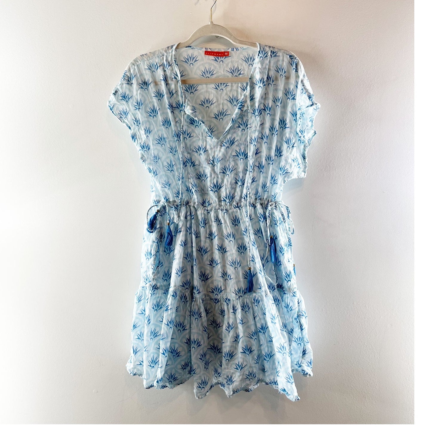 Oliphant Tuckernuck Cotton Printed Short Sleeve Cinch Waist Mini Dress Blue Med