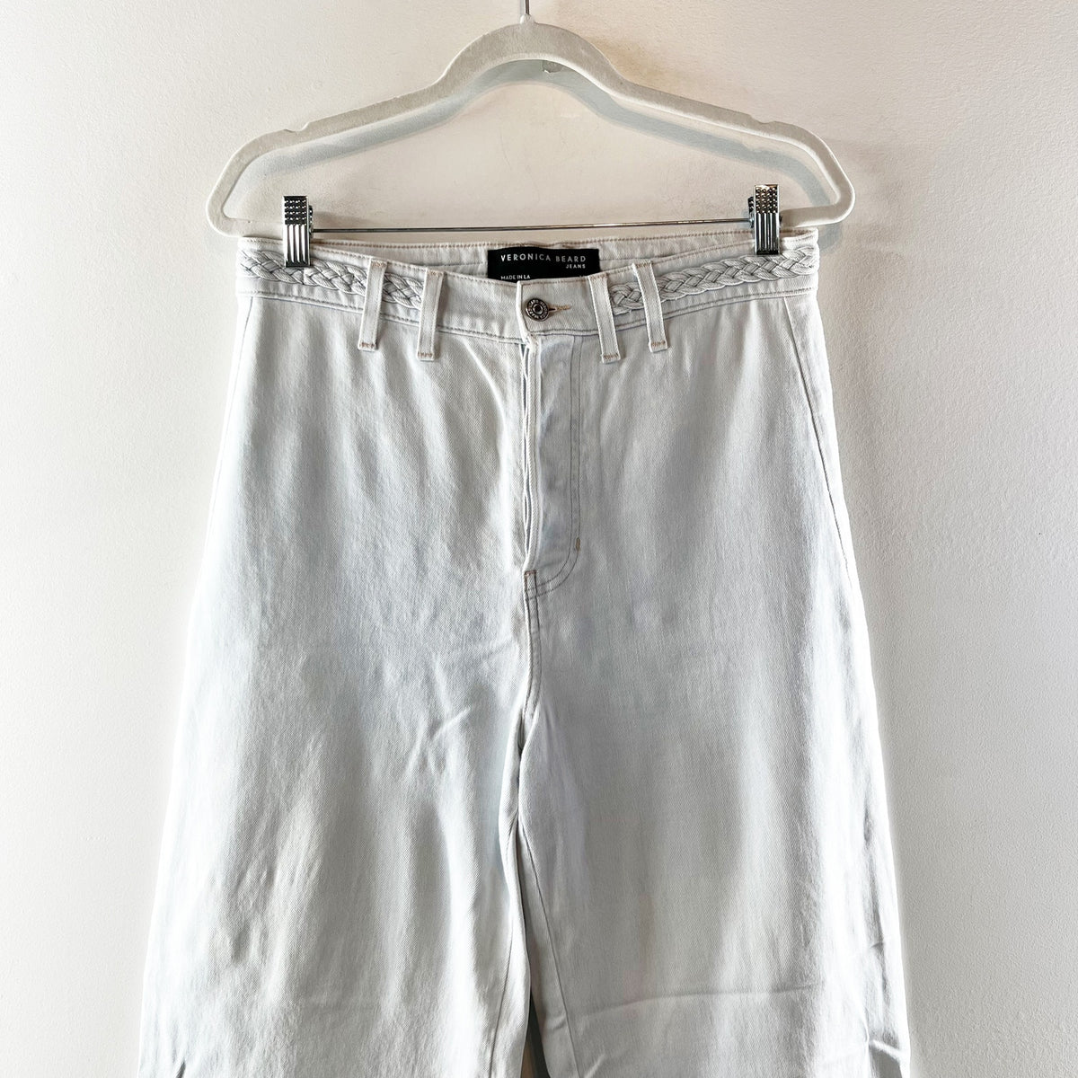 Veronica Beard Grant Braided Waist Extra High Rise Wide Leg Jeans Aspen Blue 10