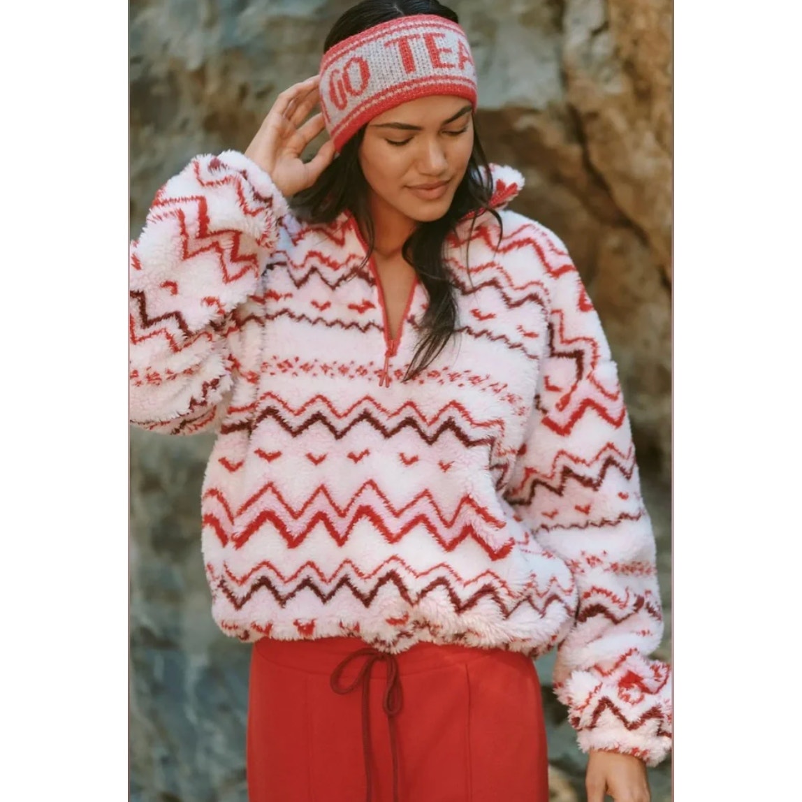 Beach Riot Leona Slopes Quarter Zip Fleece Sherpa Pullover Jacket Red White S