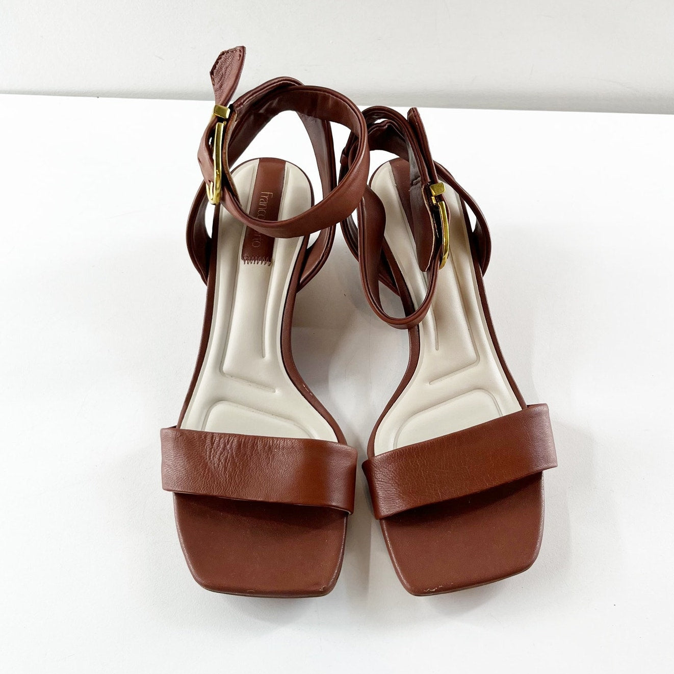 Franco Sarto Savini Ankle Strap Leather Square Toe Wedge Sandals Brown 9