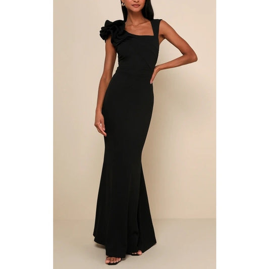 Lulus Lucette Sleeveless Ruffled Mermaid Maxi Dress Gown Black Medium