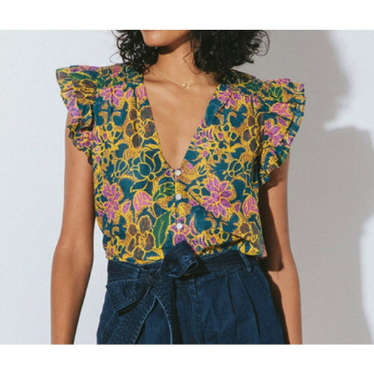 Cleobella Chloe Ruffle Strap Floral Top Blouse Green Pink Yellow XS
