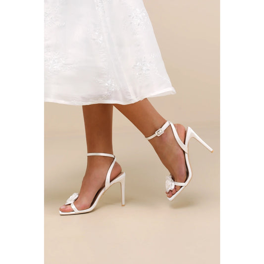 Lulus Aerianna Satin Floral Rosette Ankle Strap Square Toe Sandals White 8