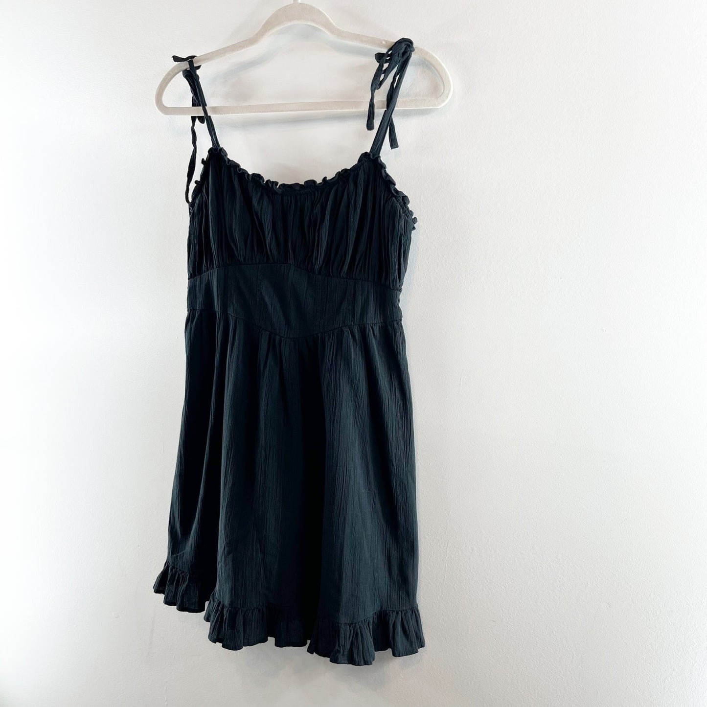 Aerie Tie Spaghetti Straps Ruffle Hem Cotton Mini Dress Black Medium