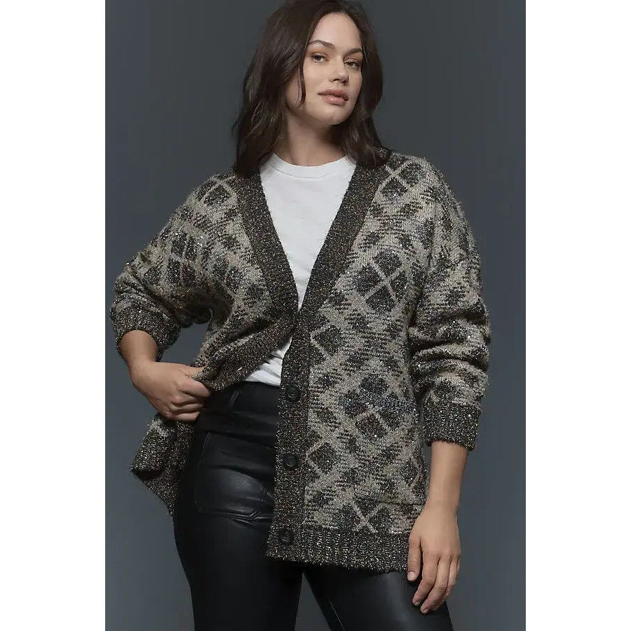 Maeve by Anthropologie Diamond Sparkle V-Neck Cardigan Sweater Gray XL Petite