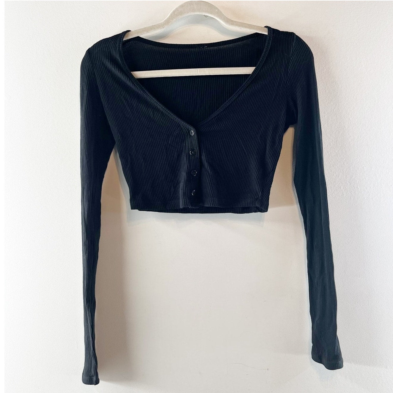 ALO Cropped Whisper Ribbed Cardigan Sweater Long Sleeve Black Small